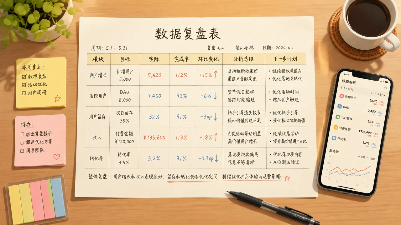 桌面上摊开的数据复盘表格与笔记插画