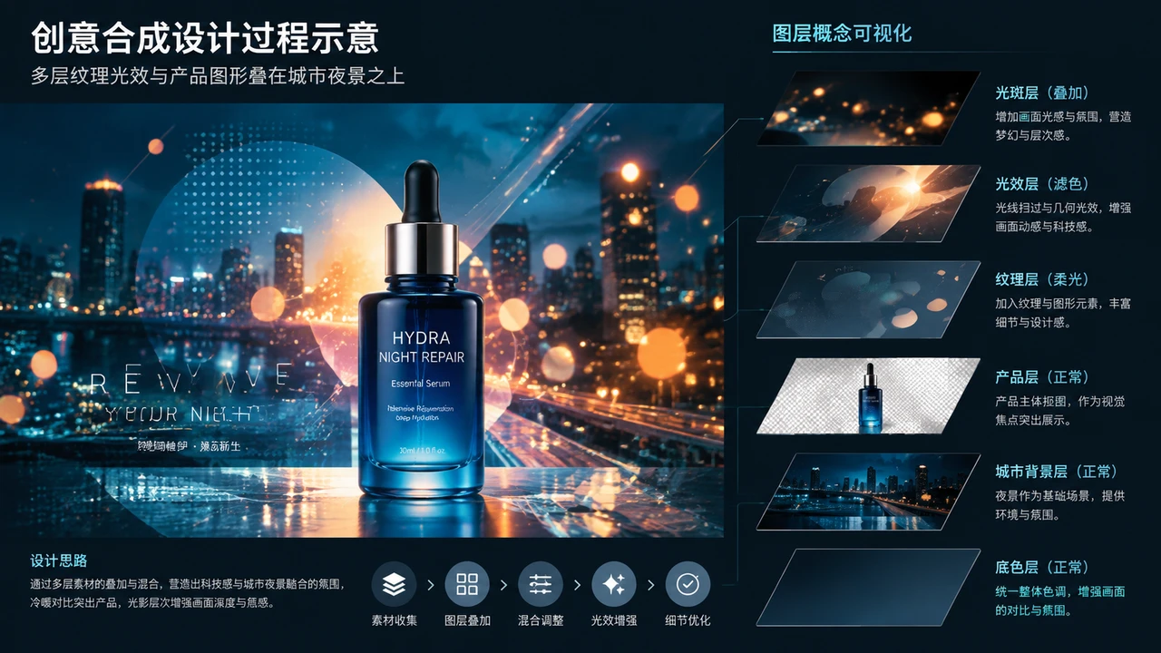多种混合模式结合的夜景主视觉合成示意