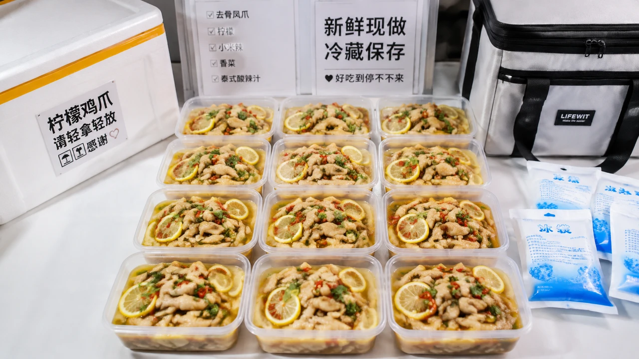 柠檬鸡爪按份分装进透明盒，旁边放着保温箱和冰袋