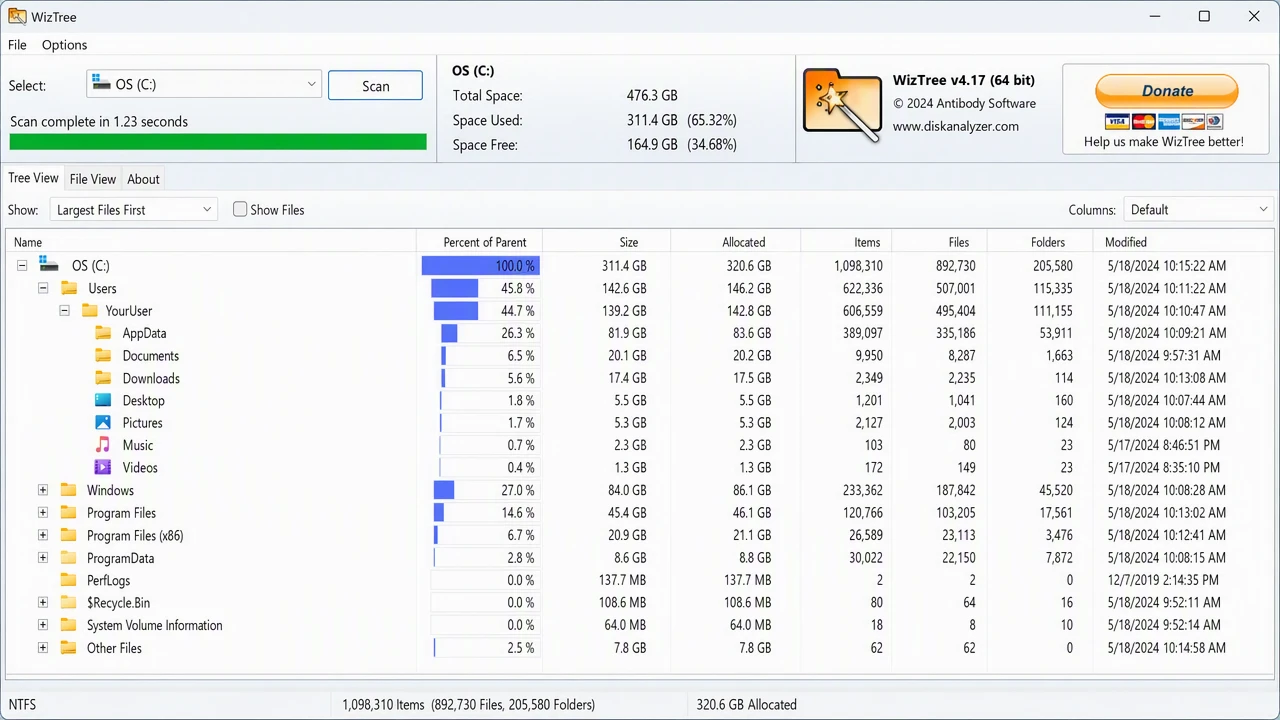 WizTree 磁盘空间分析工具界面