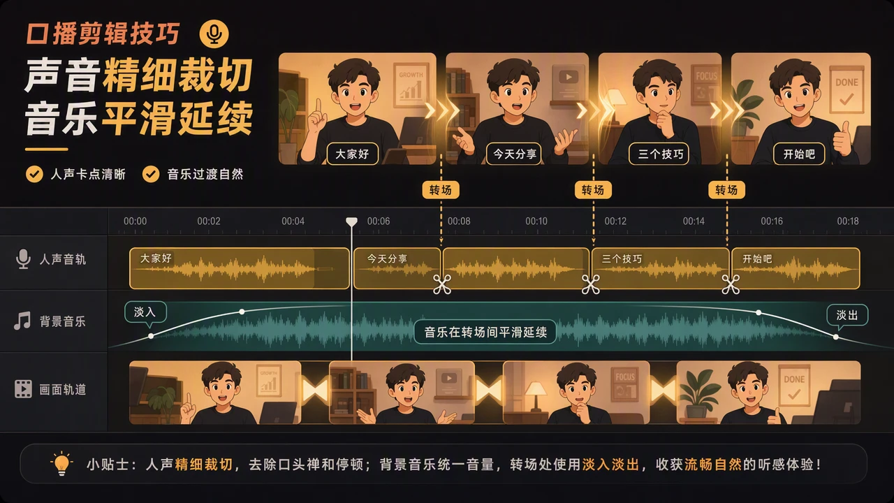 口播裁切与背景音乐平滑衔接示意