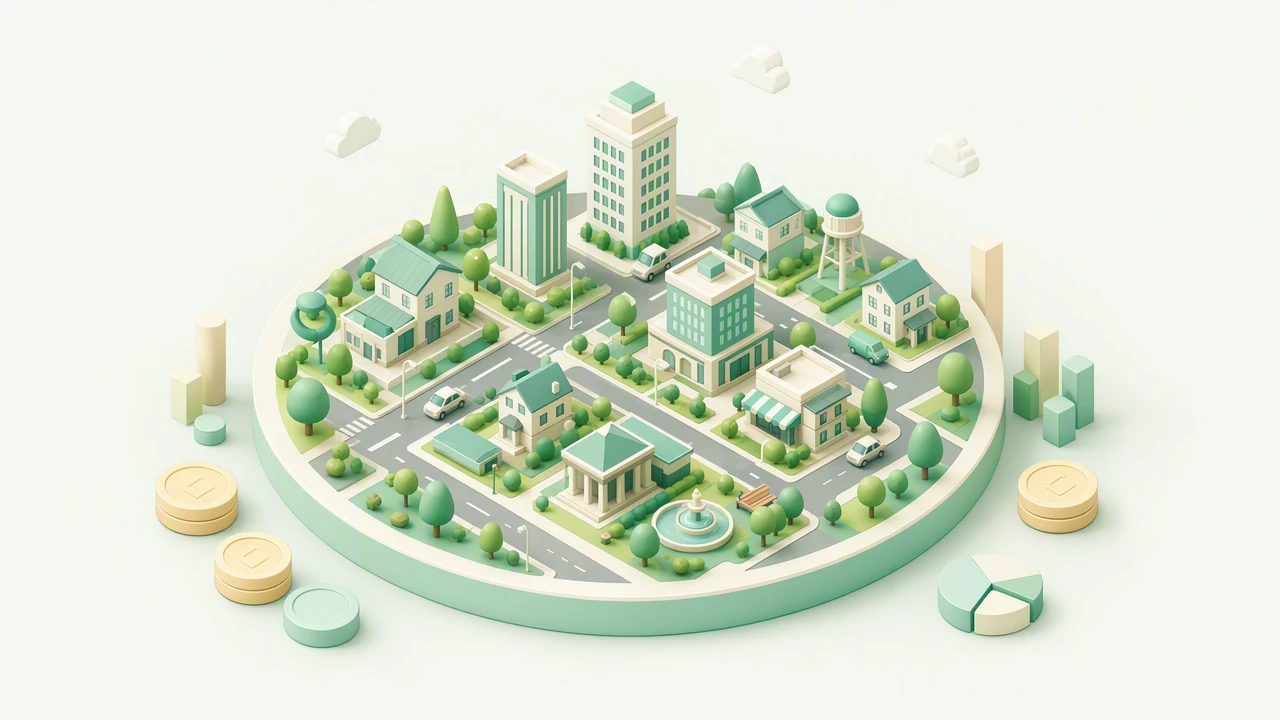 等距风格的迷你城市模型与抽象图表元素插画