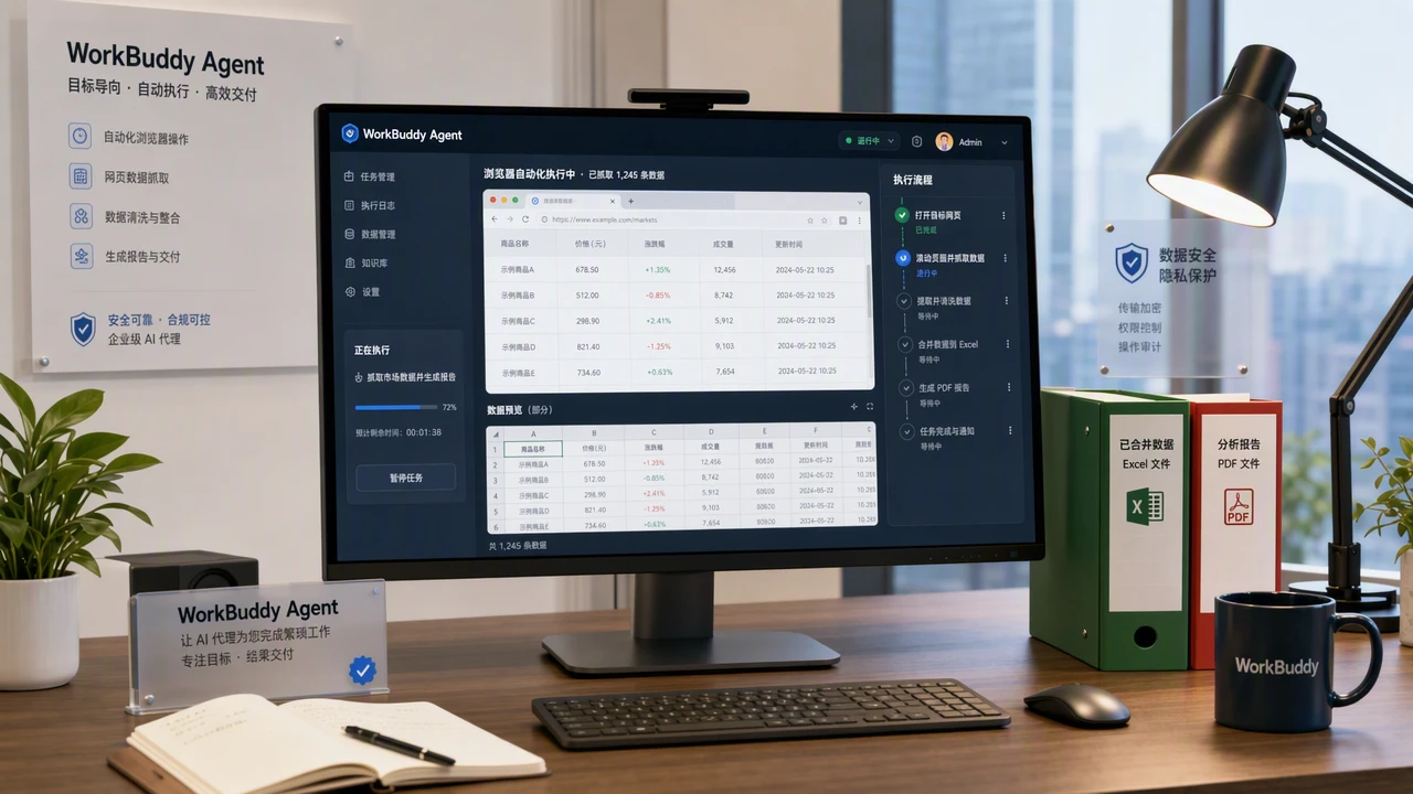WorkBuddy 浏览器自动化与文件处理示意