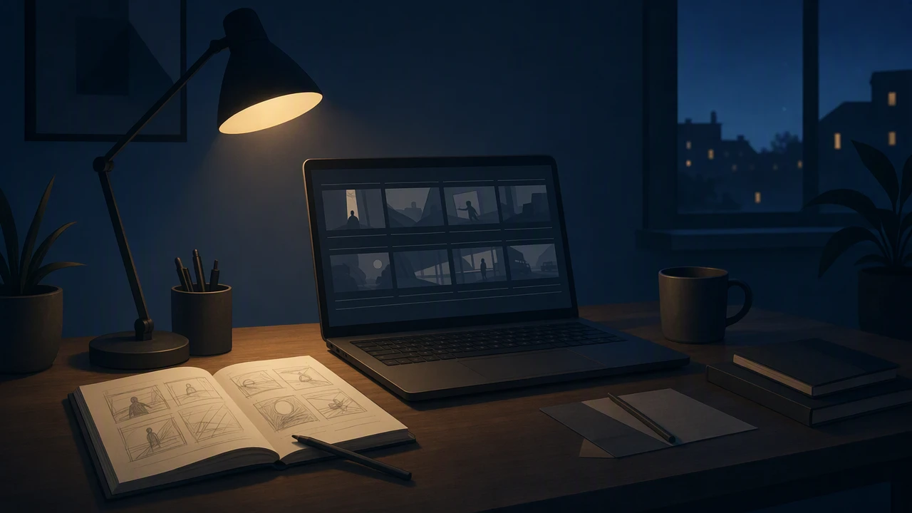 夜间创作桌面上的镜头序列与草稿示意插画