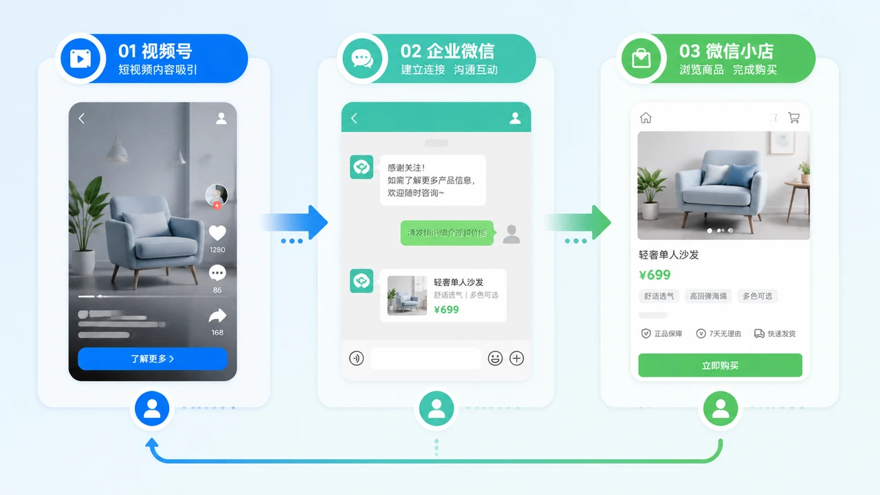 视频号到企业微信再到微信小店的私域承接链路示意图