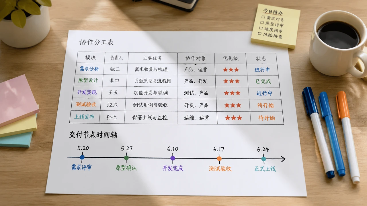 手写的共创分工表与交付节点时间轴