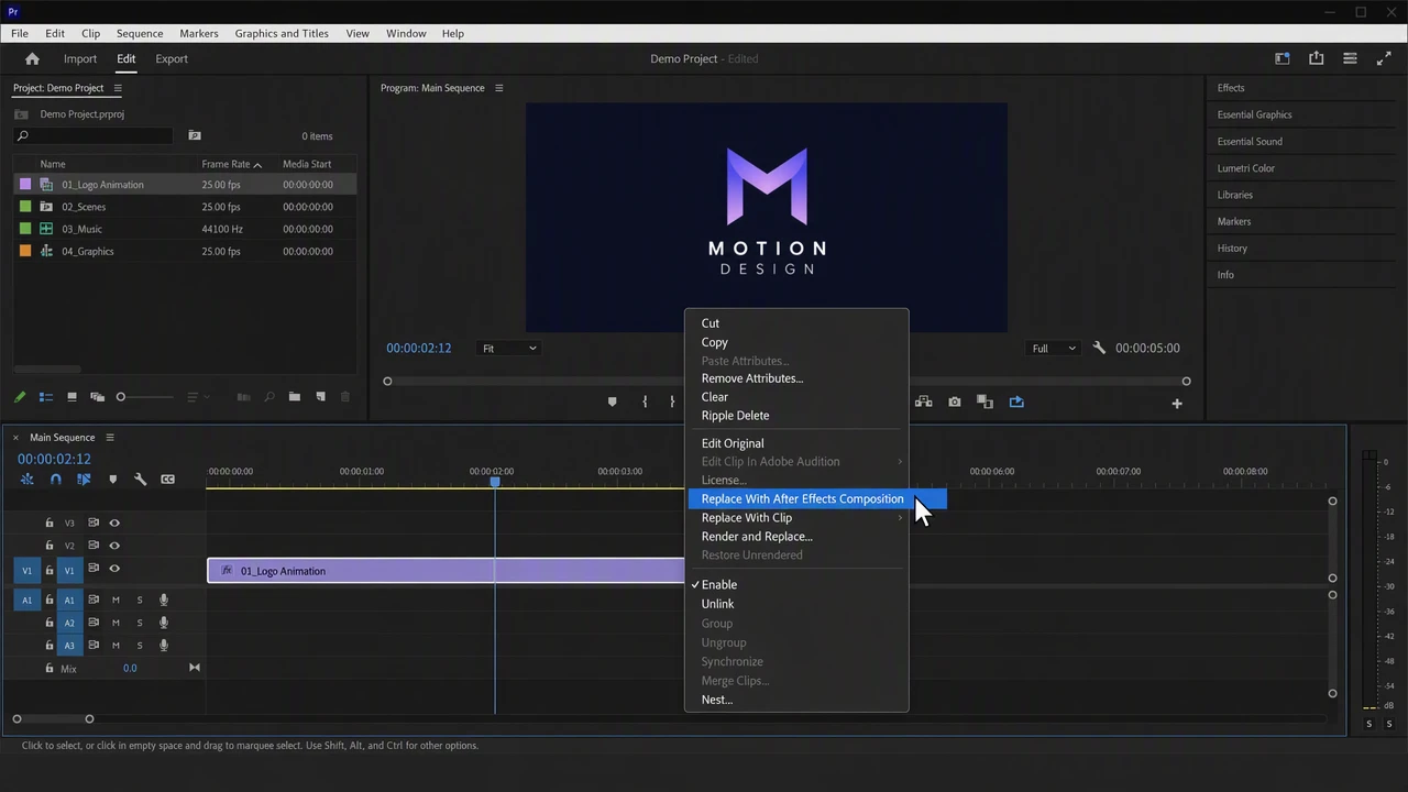 Premiere Pro 中建立动态链接的操作示意