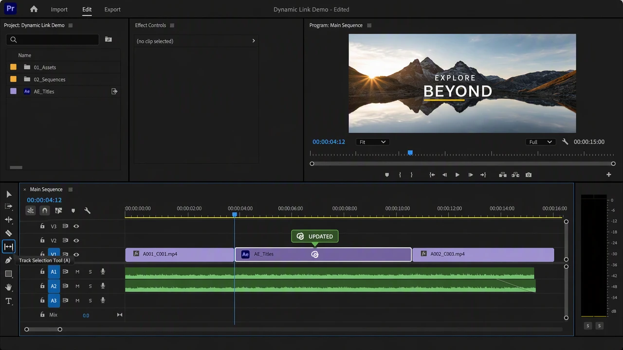 Premiere Pro 时间线中已更新的动态链接剪辑
