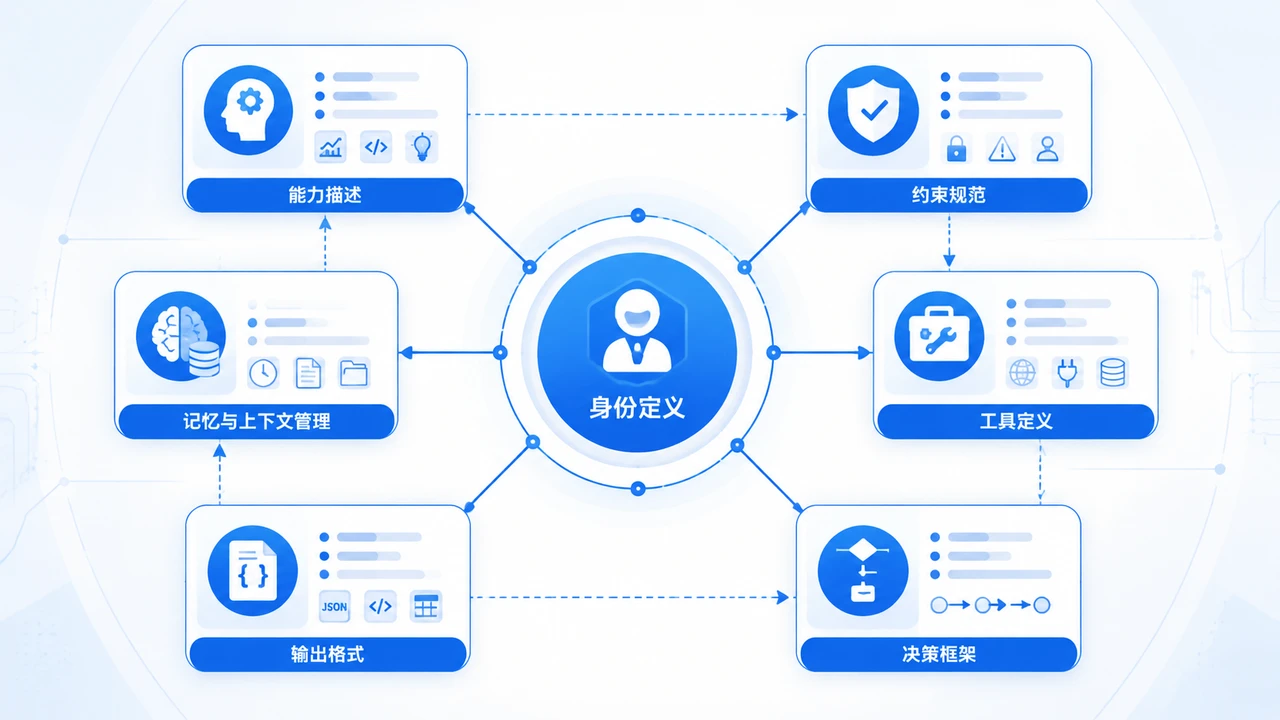 智能体系统提示词六大核心组件关系示意图
