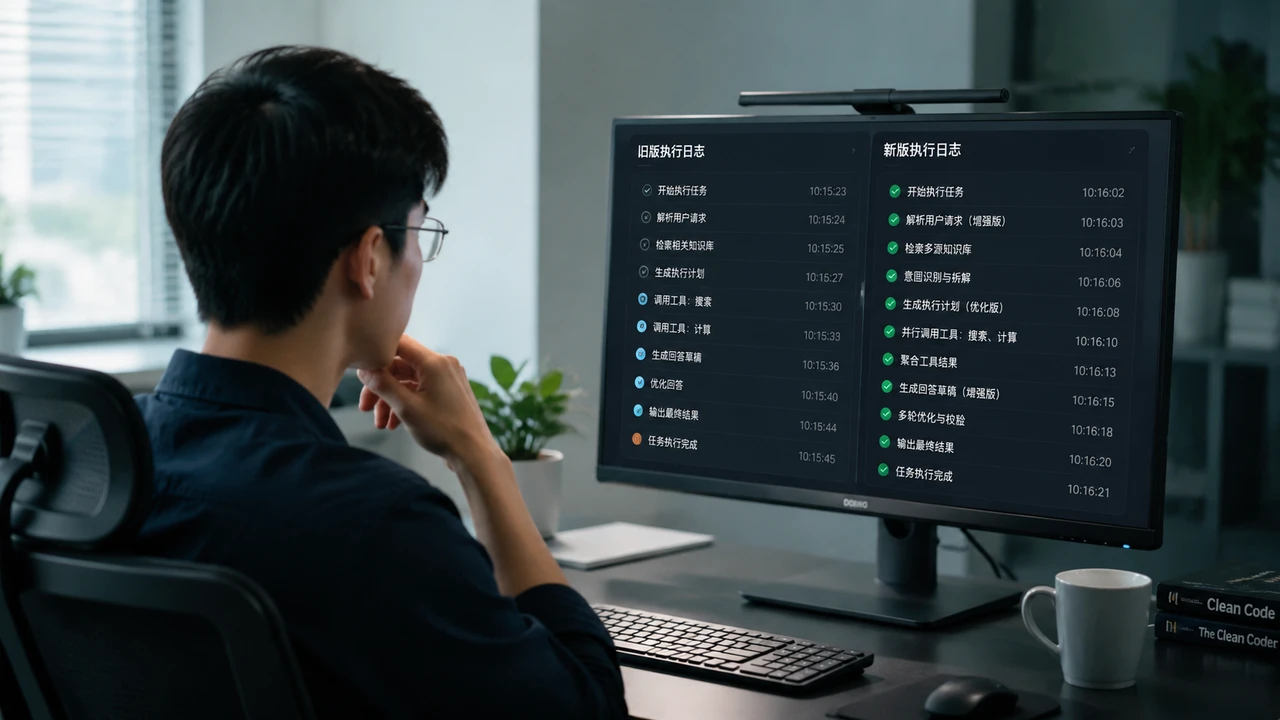 开发者对比新旧模型执行日志的示意场景