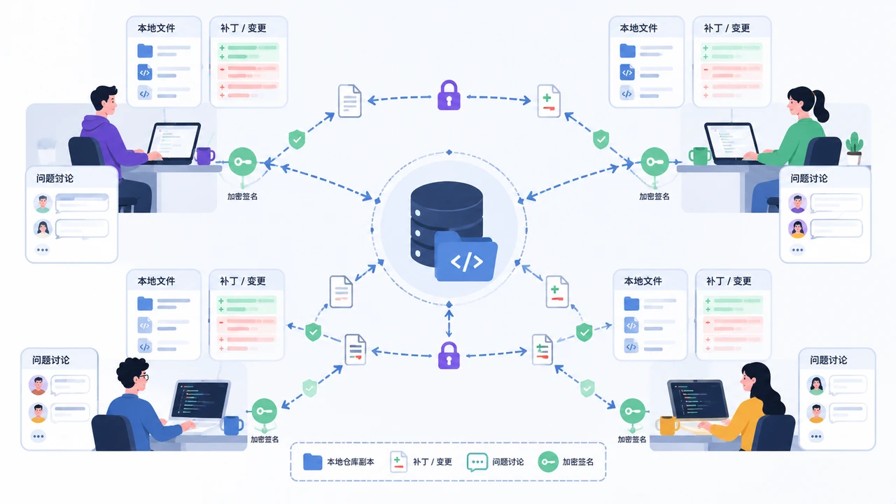 多个开发者节点直接同步代码仓库的概念图