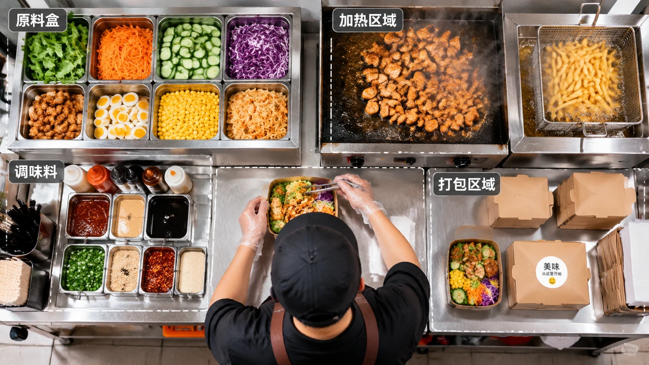 分区清晰的小吃摊备料和打包操作台