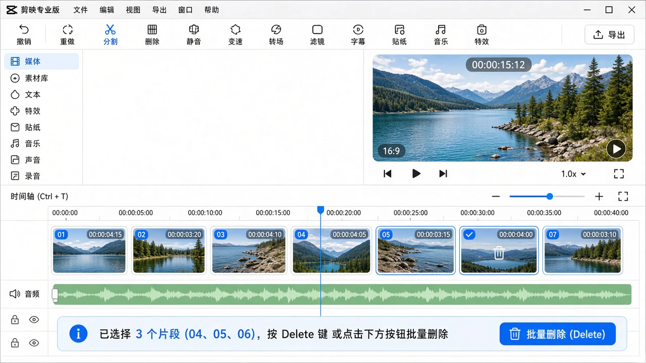 剪映专业版分割与批量删除教程：快速完成口播视频的无效片段清理