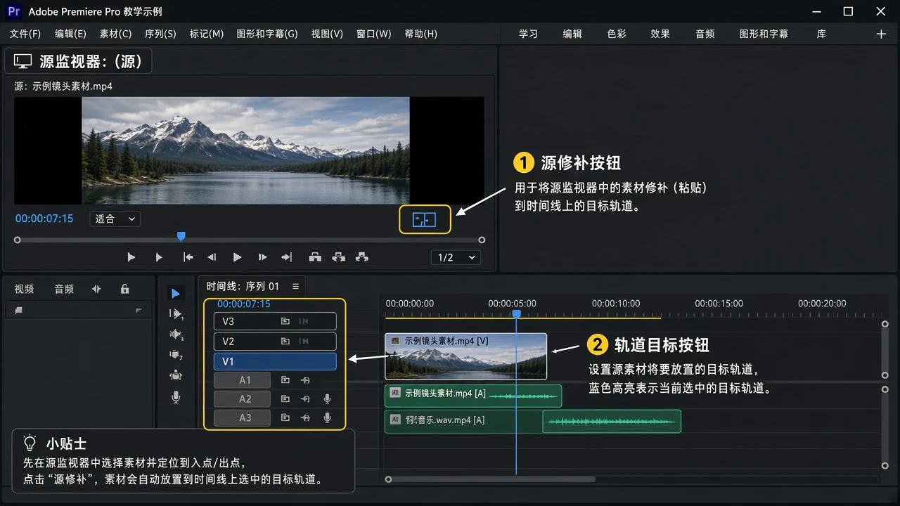 Premiere Pro 源素材修补与轨道目标设置：精准插入画面和声音