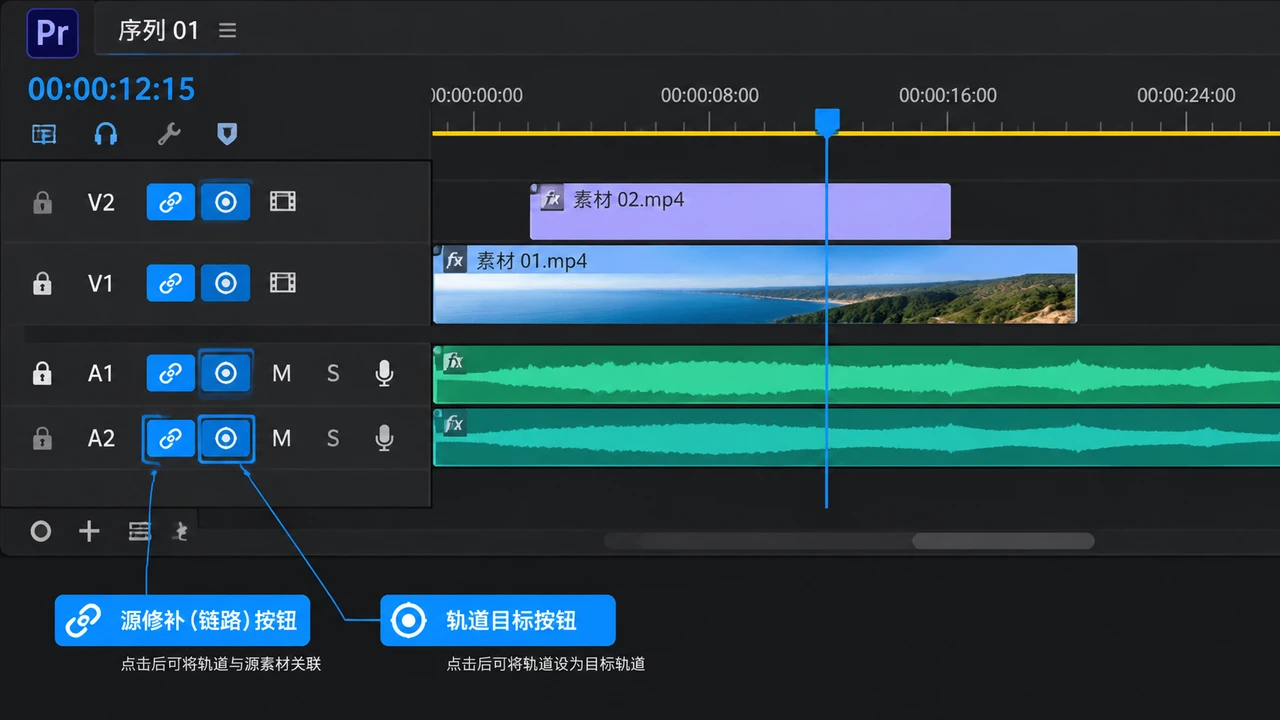 Premiere Pro 时间线轨道按钮状态示例