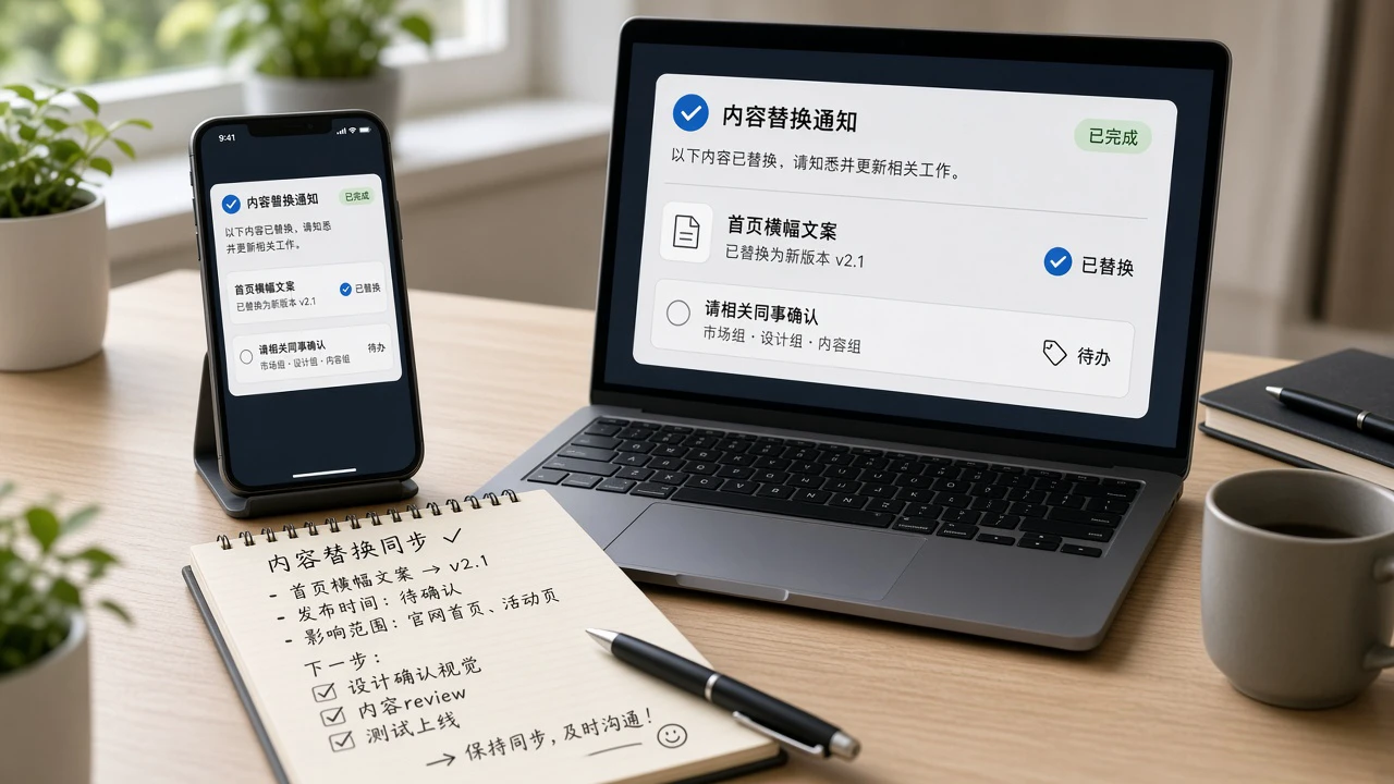 团队在临时变动后同步内容替换通知