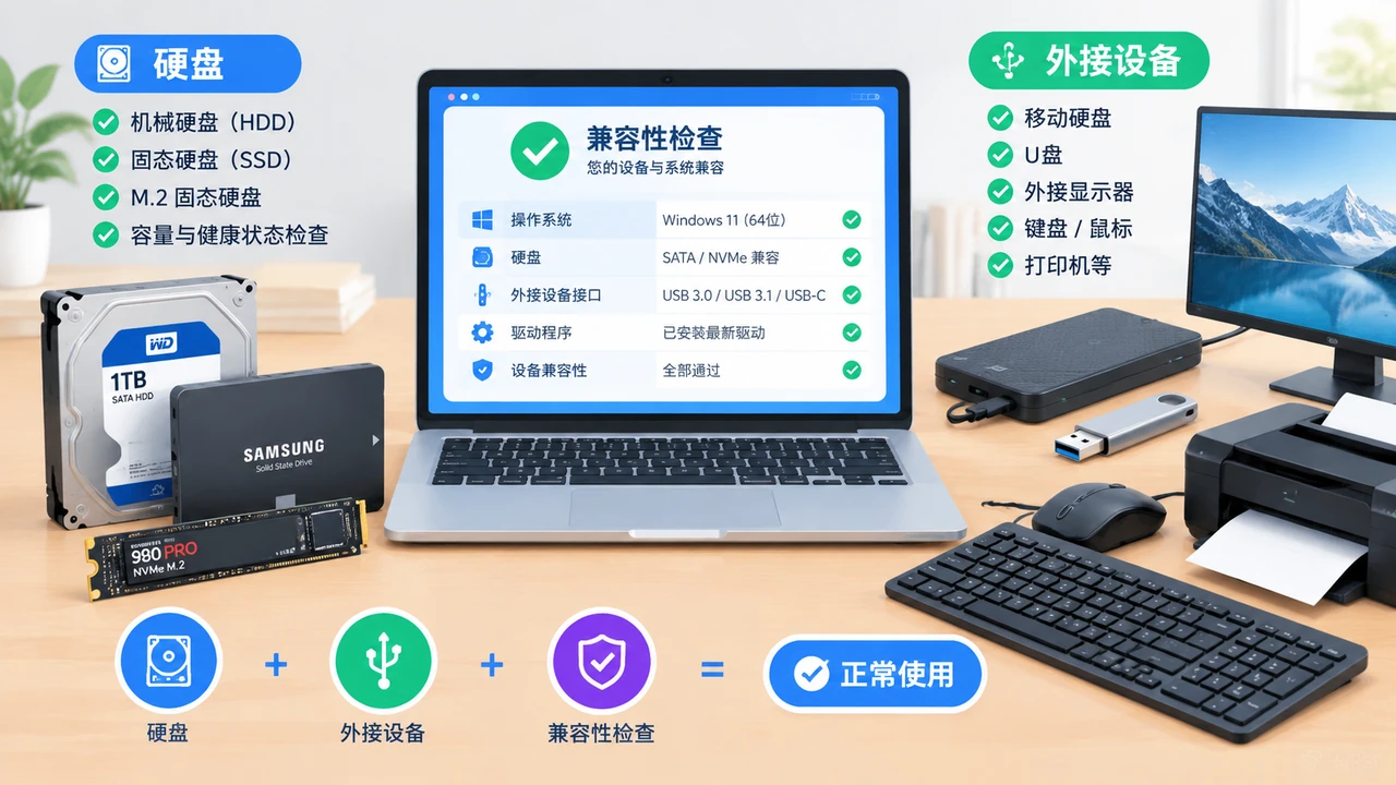 硬盘、外接设备与兼容性检查的示意图